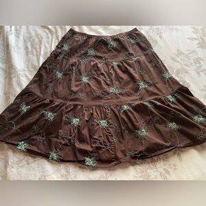 Y2K Chocolate Brown Blue Floral Embroidered Tiered Skirt Large Fairycore Cottage